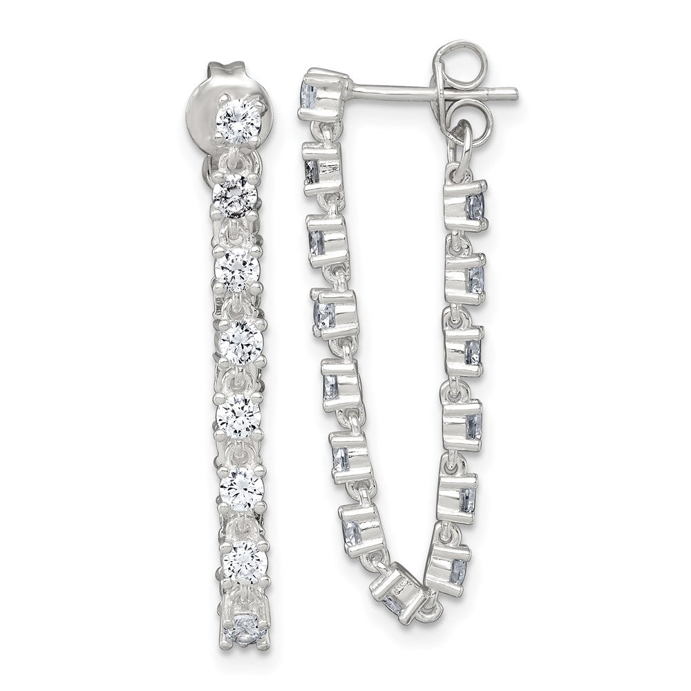 QE18066 Sterling Silver Polished CZ Line Front and Back Post Dangle Earrings