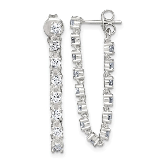 QE18066 Sterling Silver Polished CZ Line Front and Back Post Dangle Earrings