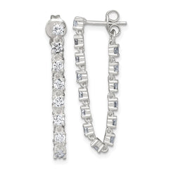 QE18066 Sterling Silver Polished CZ Line Front and Back Post Dangle Earrings