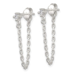 QE18067 Sterling Silver Polished White CZ Dangling Chain Post Earrings