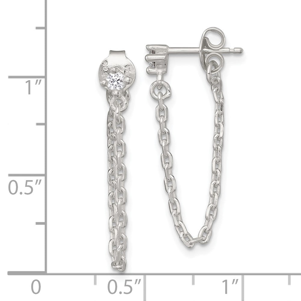 QE18067 Sterling Silver Polished White CZ Dangling Chain Post Earrings