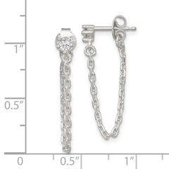 QE18067 Sterling Silver Polished White CZ Dangling Chain Post Earrings