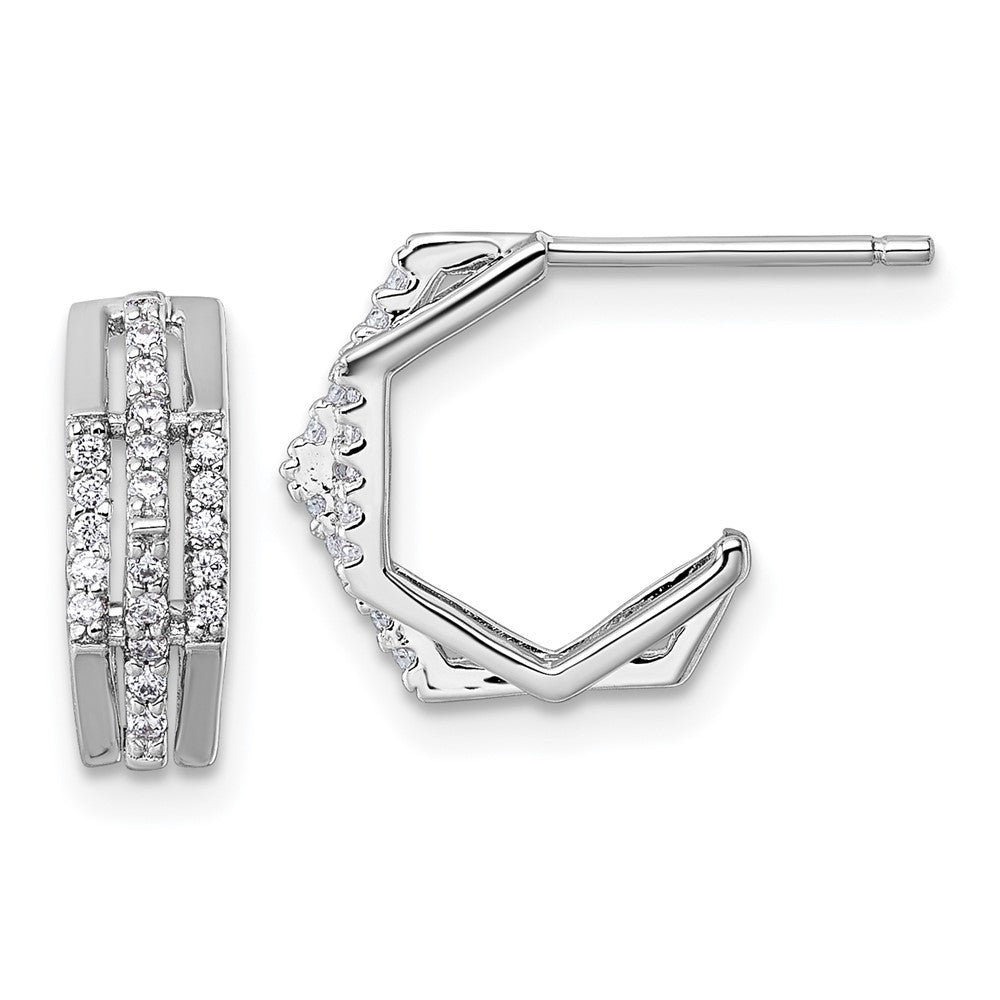 QE18069 Sterling Silver Rhodium-plated CZ 3-Row Polished J-Hoop Post Earrings