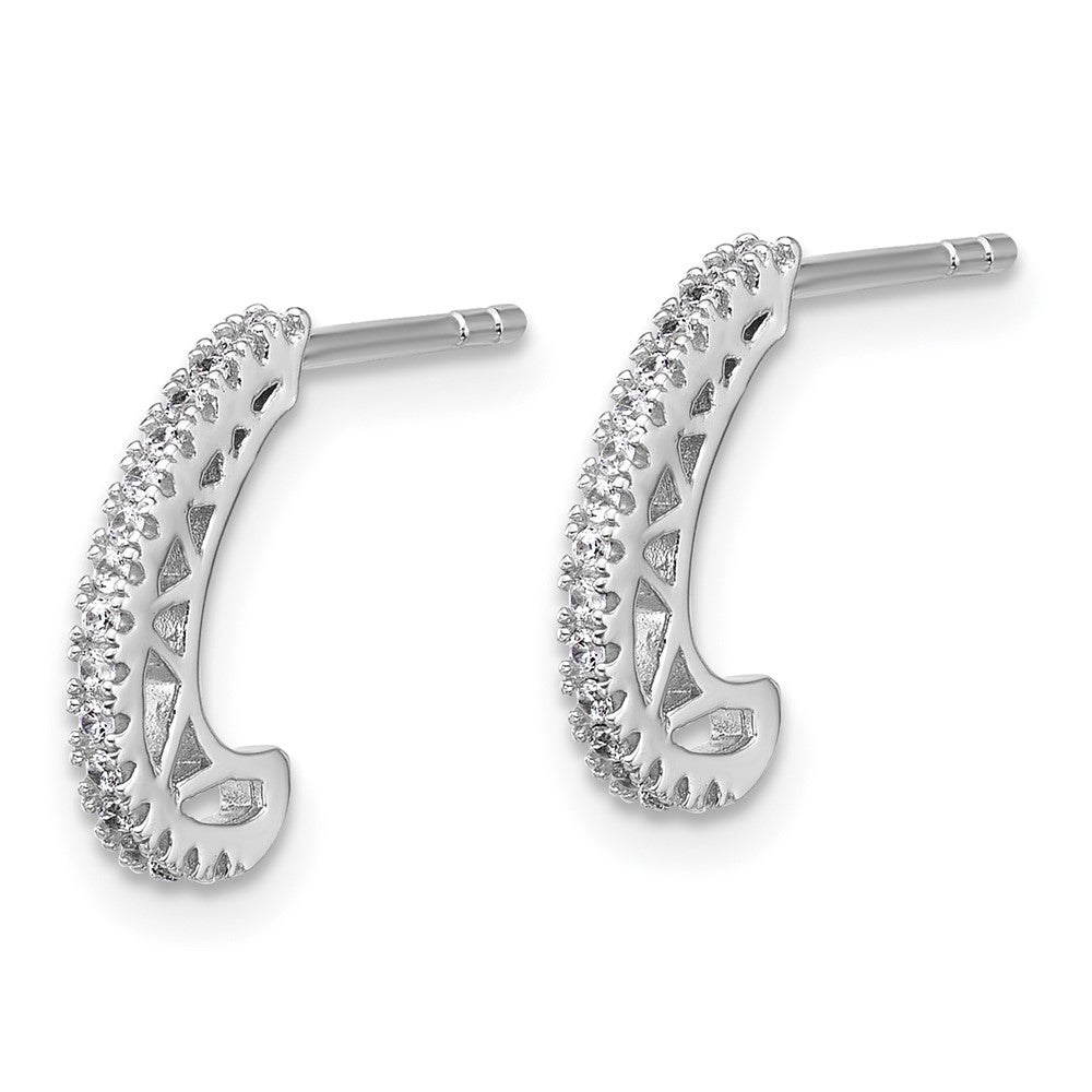 QE18070 Sterling Silver Rhodium-plated CZ Polished J-Hoop Post Earrings