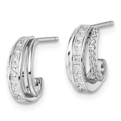 QE18072 Sterling Silver Rhodium-plated CZ 3-Row Polished J-Hoop Post Earrings