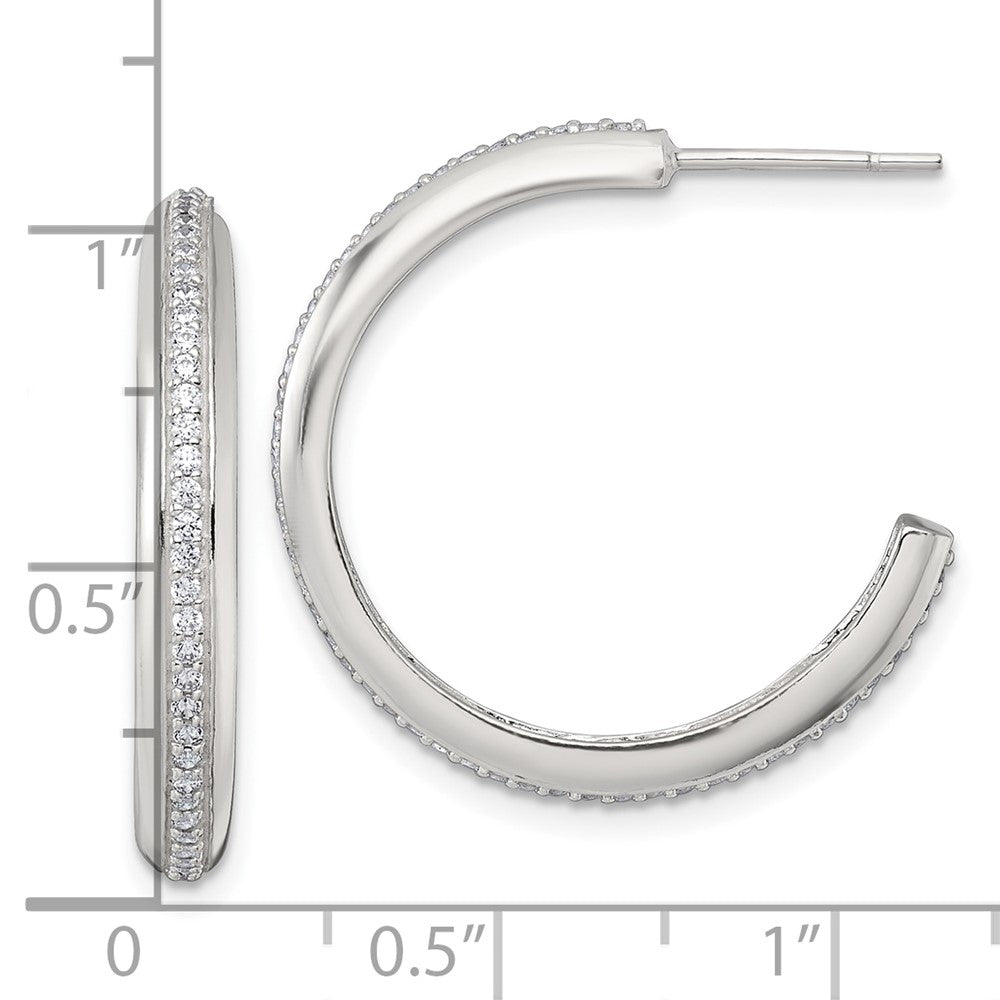 QE18077 Sterling Silver Polished 26.5x3.5mm CZ Post C-Hoop Earrings