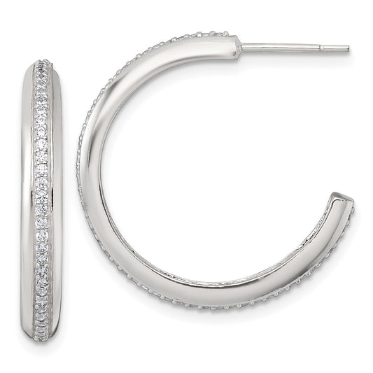 QE18077 Sterling Silver Polished 26.5x3.5mm CZ Post C-Hoop Earrings
