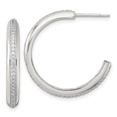 QE18077 Sterling Silver Polished 26.5x3.5mm CZ Post C-Hoop Earrings