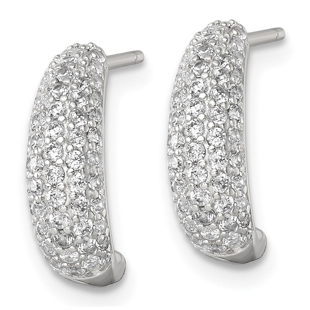 QE18078 Sterling Silver Polished Pave CZ Post J-Hoop Earrings