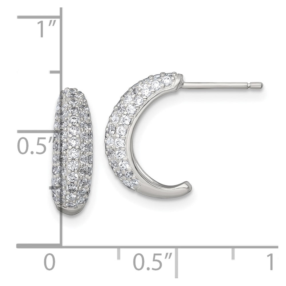 QE18078 Sterling Silver Polished Pave CZ Post J-Hoop Earrings