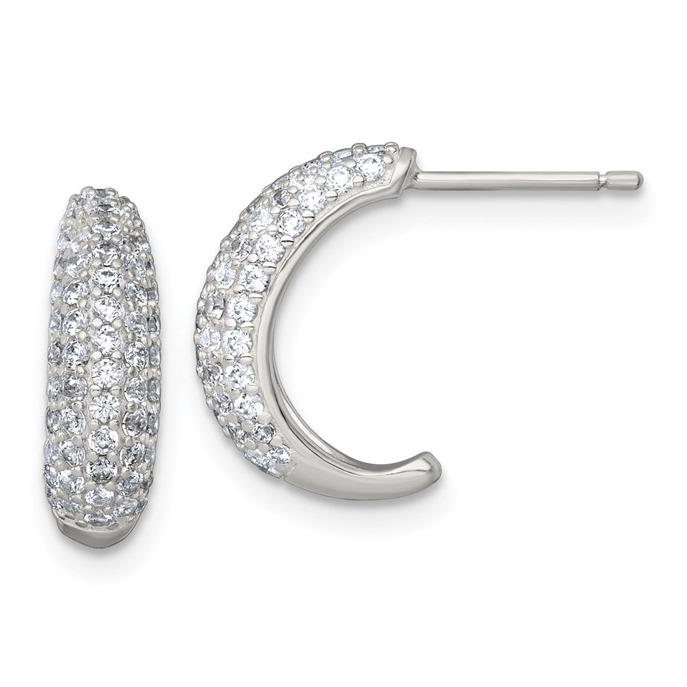 QE18078 Sterling Silver Polished Pave CZ Post J-Hoop Earrings