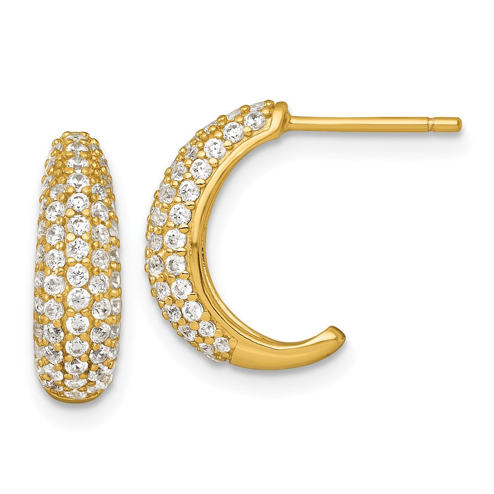 QE18078GP Sterling Silver Gold-tone Polished Pave CZ Post J-Hoop Earrings