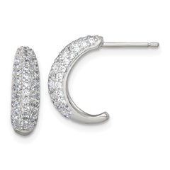 QE18078 Sterling Silver Polished Pave CZ Post J-Hoop Earrings