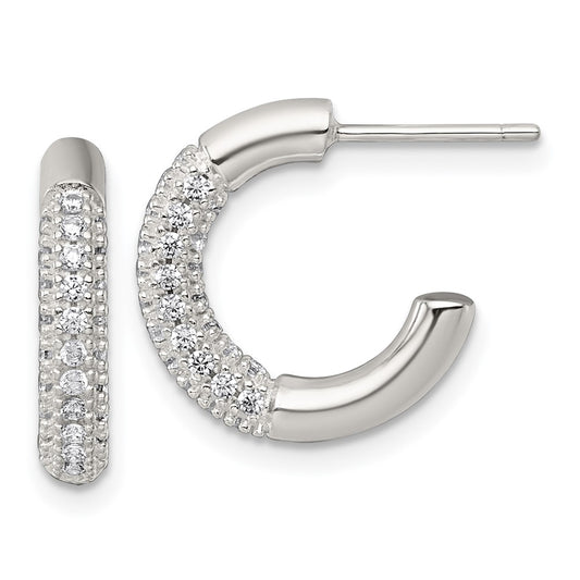 QE18079 Sterling Silver Polished Pave CZ Post C-Hoop Earrings