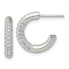 QE18079 Sterling Silver Polished Pave CZ Post C-Hoop Earrings