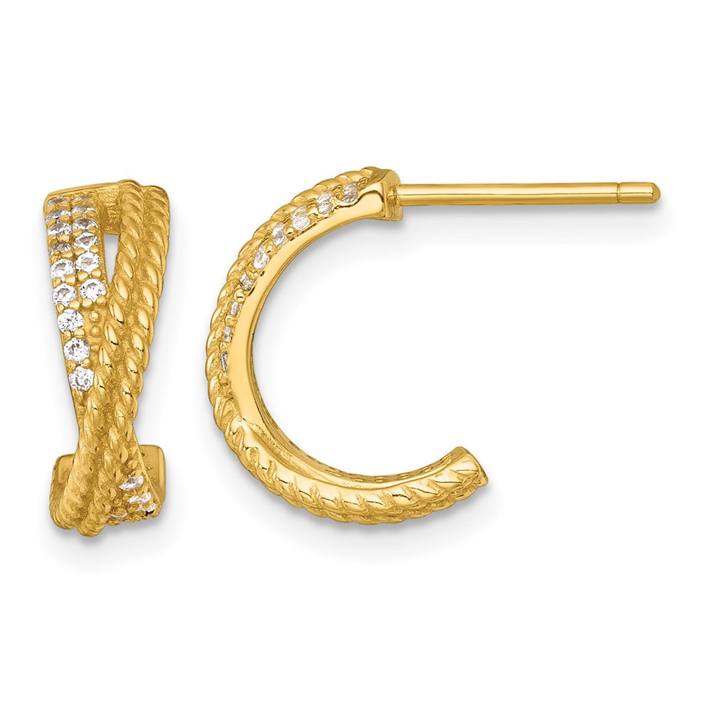 QE18081GP Sterling Silver Gold-Tone Polished and Twisted CZ -X- C-Hoop Post Earrings