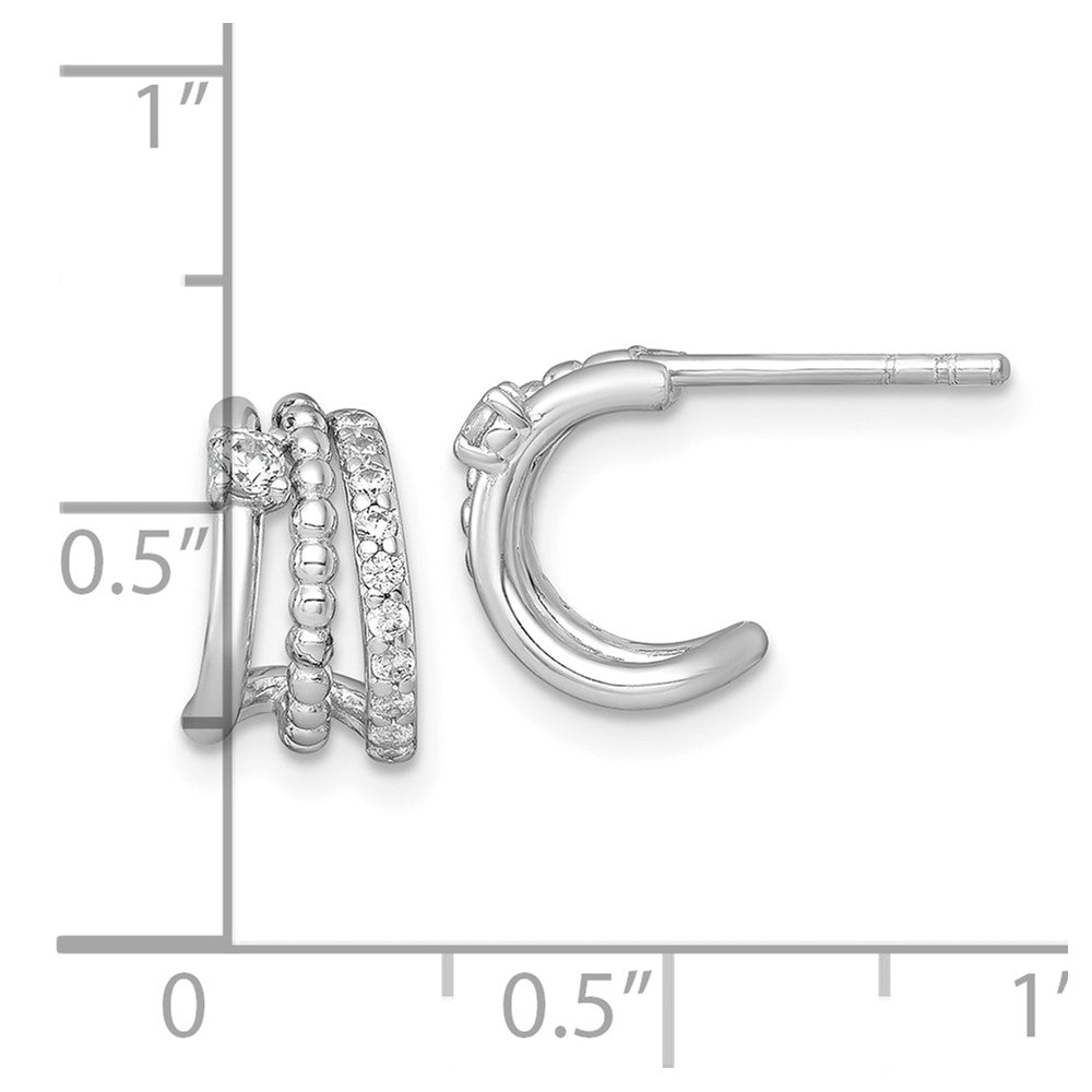 QE18082 Sterling Silver Rhodium-plated Polished Beaded CZ Post C-Hoop Earrings