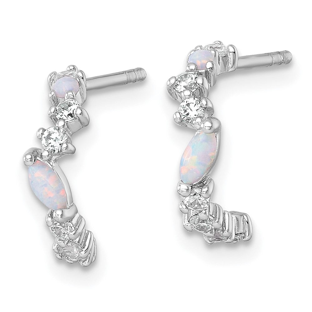 QE18083 Sterling Silver Rhodium-plated Polished CZ and Lab Created Opal Post C-Hoop Earrings