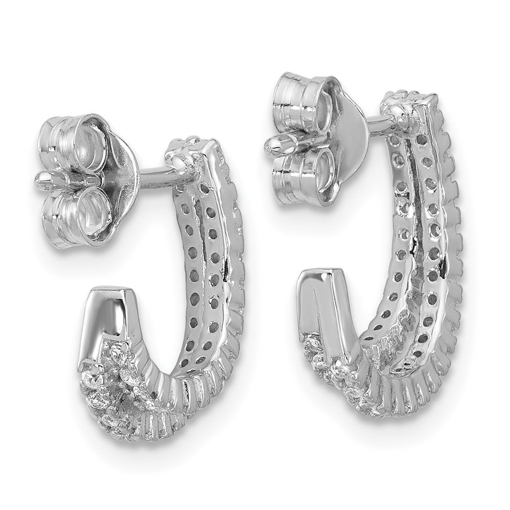 QE18084 Sterling Silver Rhodium-plated CZ Polished Double Row J-Hoop Post Earrings