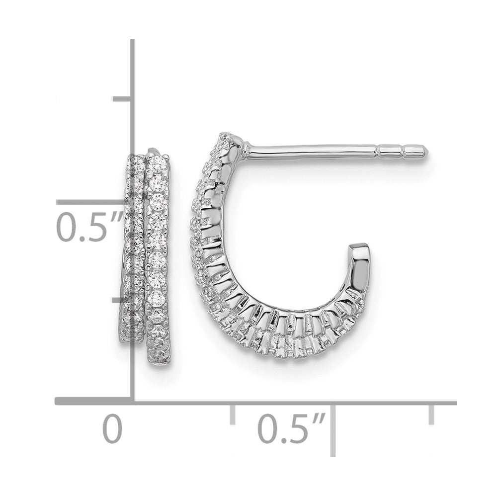 QE18084 Sterling Silver Rhodium-plated CZ Polished Double Row J-Hoop Post Earrings