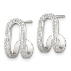 QE18085 Sterling Silver Polished White CZ Curved J-Hoop Post Earrings