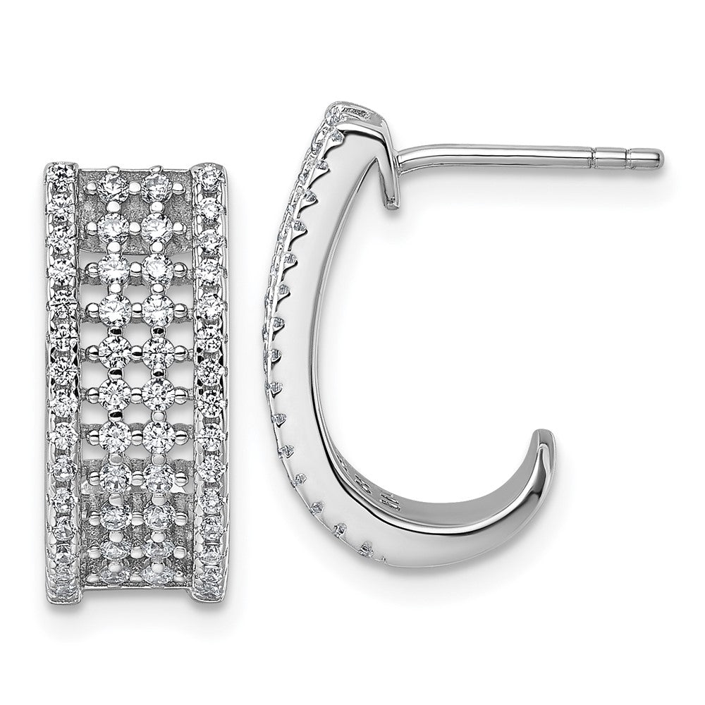QE18089 Sterling Silver Rhodium-plated Pave CZ J-Hoop Post Earrings