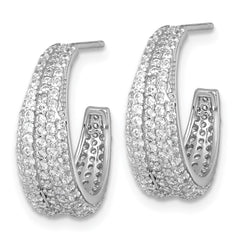 QE18091 Sterling Silver Rhodium-plated Polished and Tapered Pave CZ C-Hoop Post Earrings