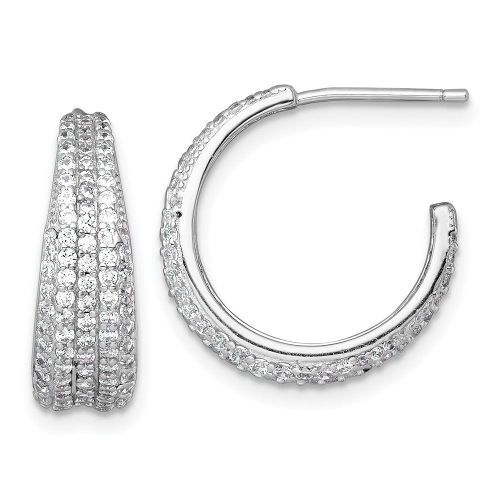 QE18091 Sterling Silver Rhodium-plated Polished and Tapered Pave CZ C-Hoop Post Earrings