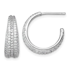 QE18091 Sterling Silver Rhodium-plated Polished and Tapered Pave CZ C-Hoop Post Earrings
