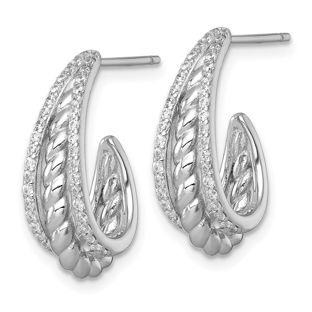 QE18093 Sterling Silver Rhodium-plated Polished and Twisted CZ Triple J-Hoop Post Earrings