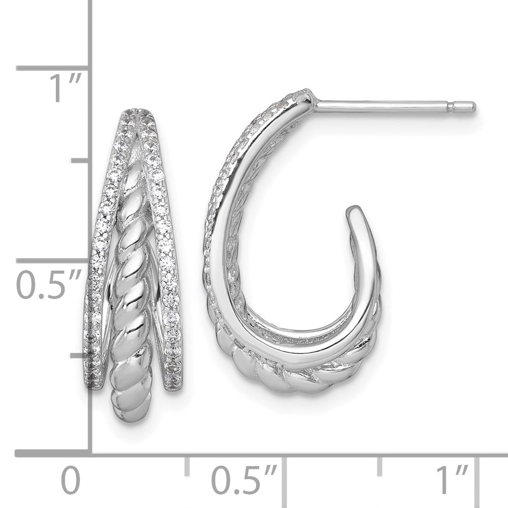 QE18093 Sterling Silver Rhodium-plated Polished and Twisted CZ Triple J-Hoop Post Earrings