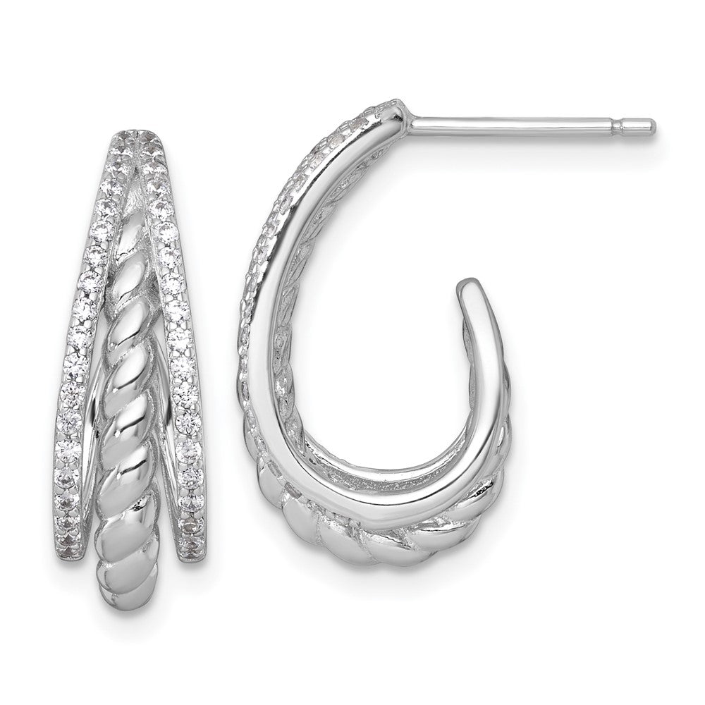 QE18093 Sterling Silver Rhodium-plated Polished and Twisted CZ Triple J-Hoop Post Earrings