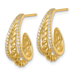 QE18093GP Sterling Silver Gold-tone Polished and Twisted CZ Triple J-Hoop Post Earrings