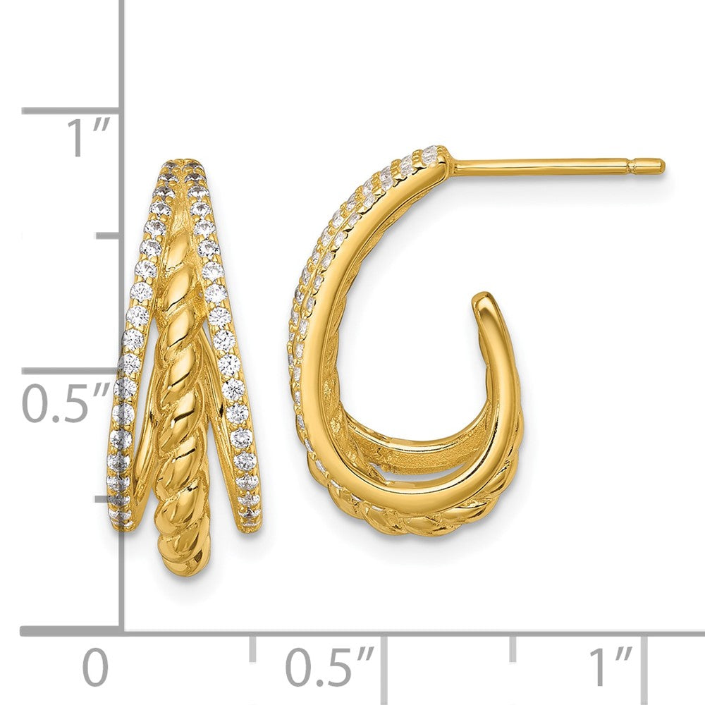QE18093GP Sterling Silver Gold-tone Polished and Twisted CZ Triple J-Hoop Post Earrings