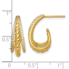 QE18093GP Sterling Silver Gold-tone Polished and Twisted CZ Triple J-Hoop Post Earrings
