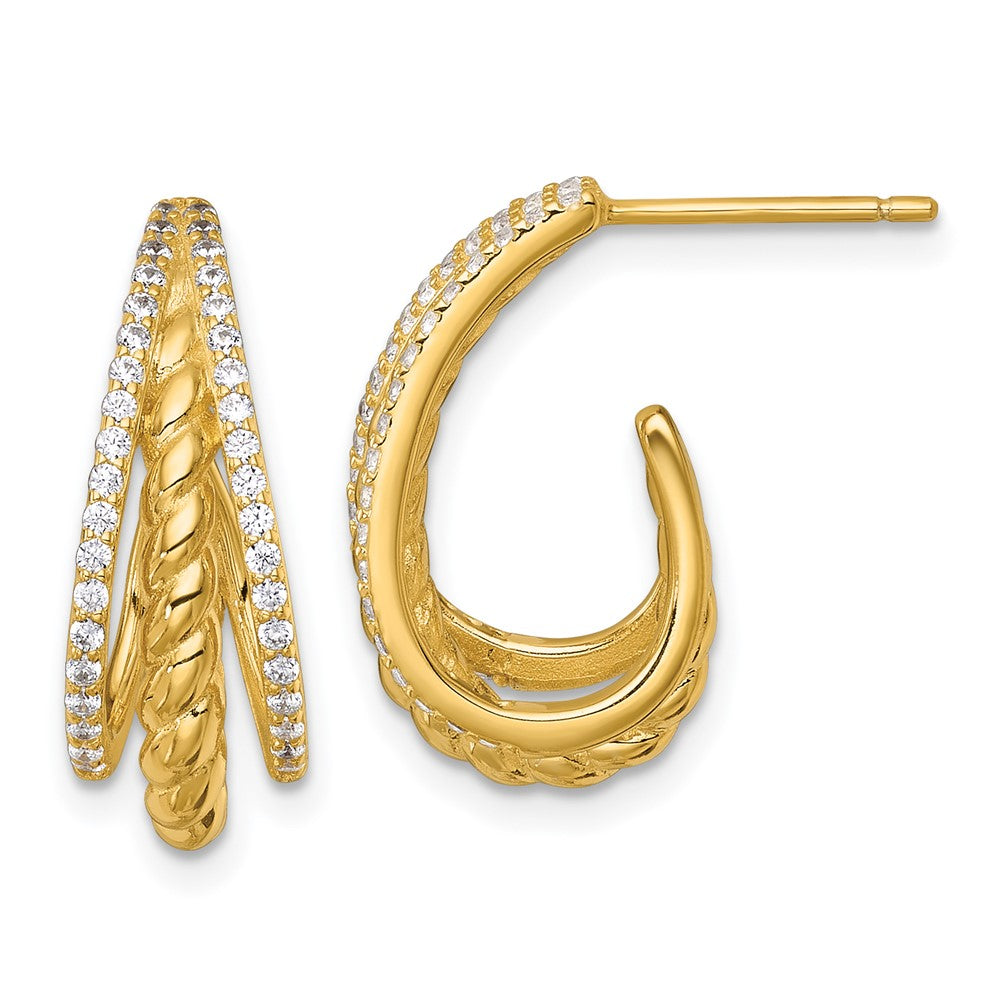 QE18093GP Sterling Silver Gold-tone Polished and Twisted CZ Triple J-Hoop Post Earrings