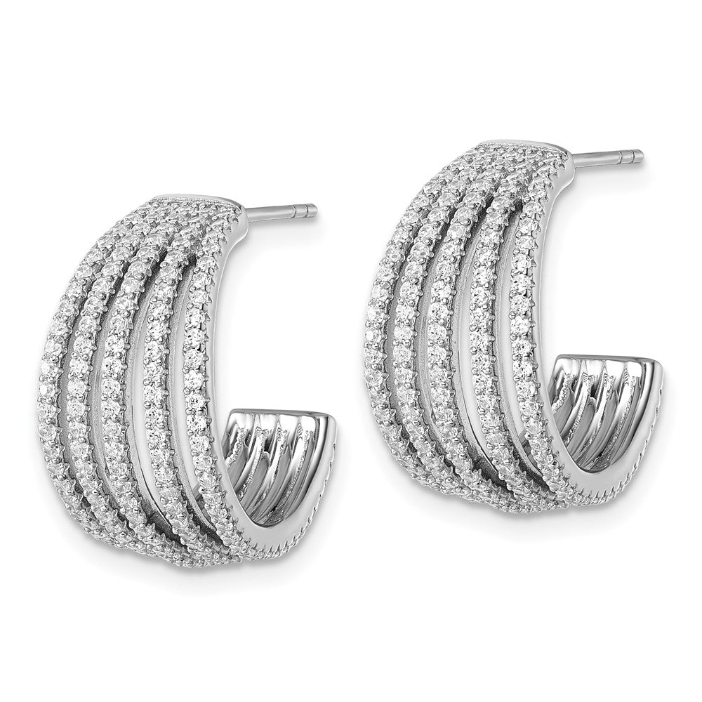 QE18094 Sterling Silver Rhodium-plated Polished CZ Multi-Row J-Hoop Post Earrings