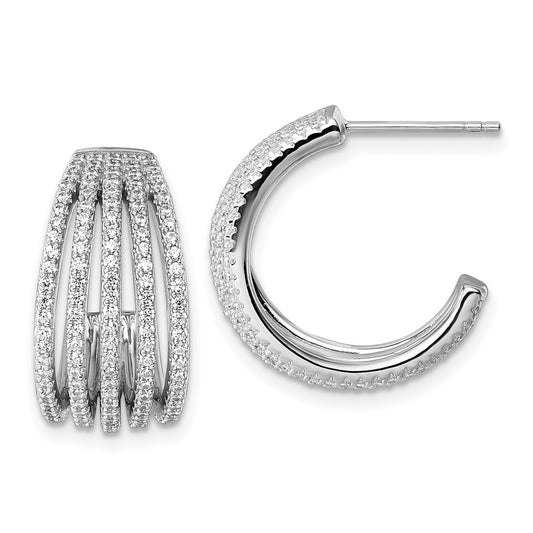 QE18094 Sterling Silver Rhodium-plated Polished CZ Multi-Row J-Hoop Post Earrings