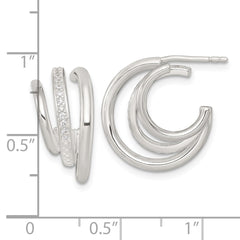 QE18095 Sterling Silver Polished CZ 3-Row C-Hoop Post Earrings