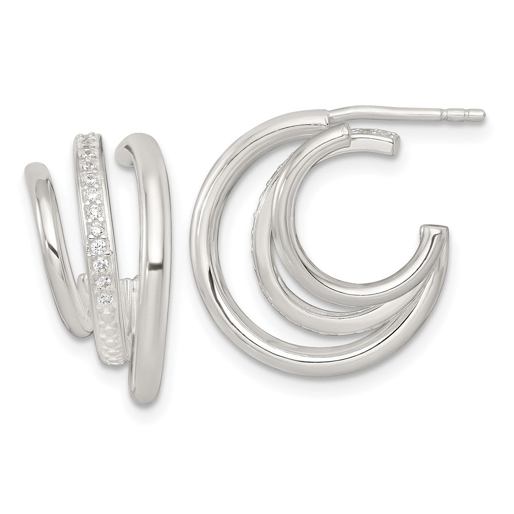 QE18095 Sterling Silver Polished CZ 3-Row C-Hoop Post Earrings