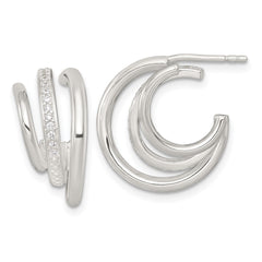 QE18095 Sterling Silver Polished CZ 3-Row C-Hoop Post Earrings