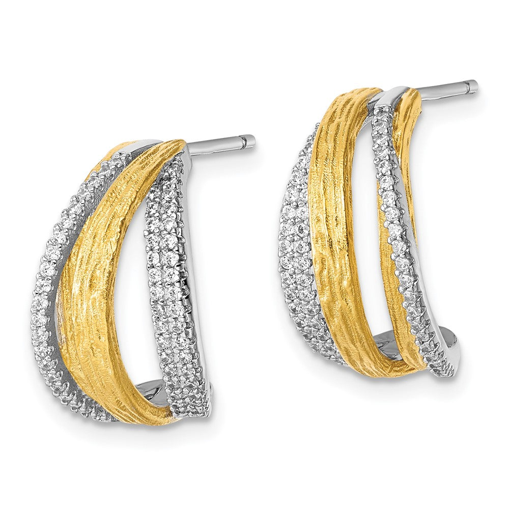 QE18096 Sterling Silver Rhodium and Gold-tone CZ Brushed and Polished Curved J-Hoop Post Earrings