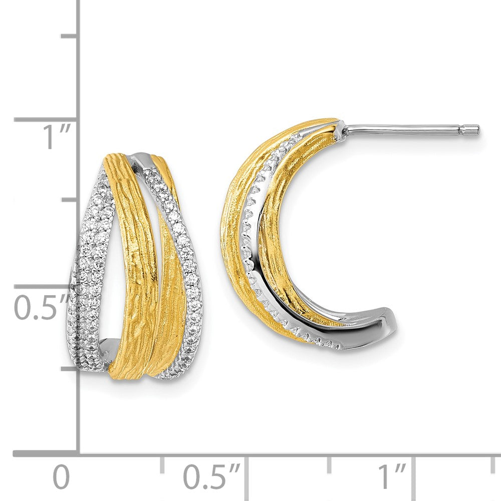 QE18096 Sterling Silver Rhodium and Gold-tone CZ Brushed and Polished Curved J-Hoop Post Earrings