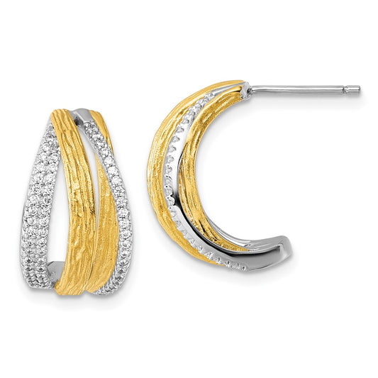 QE18096 Sterling Silver Rhodium and Gold-tone CZ Brushed and Polished Curved J-Hoop Post Earrings