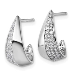 QE18098 Sterling Silver Rhodium-plated CZ Polished J-Hoop Post Earrings