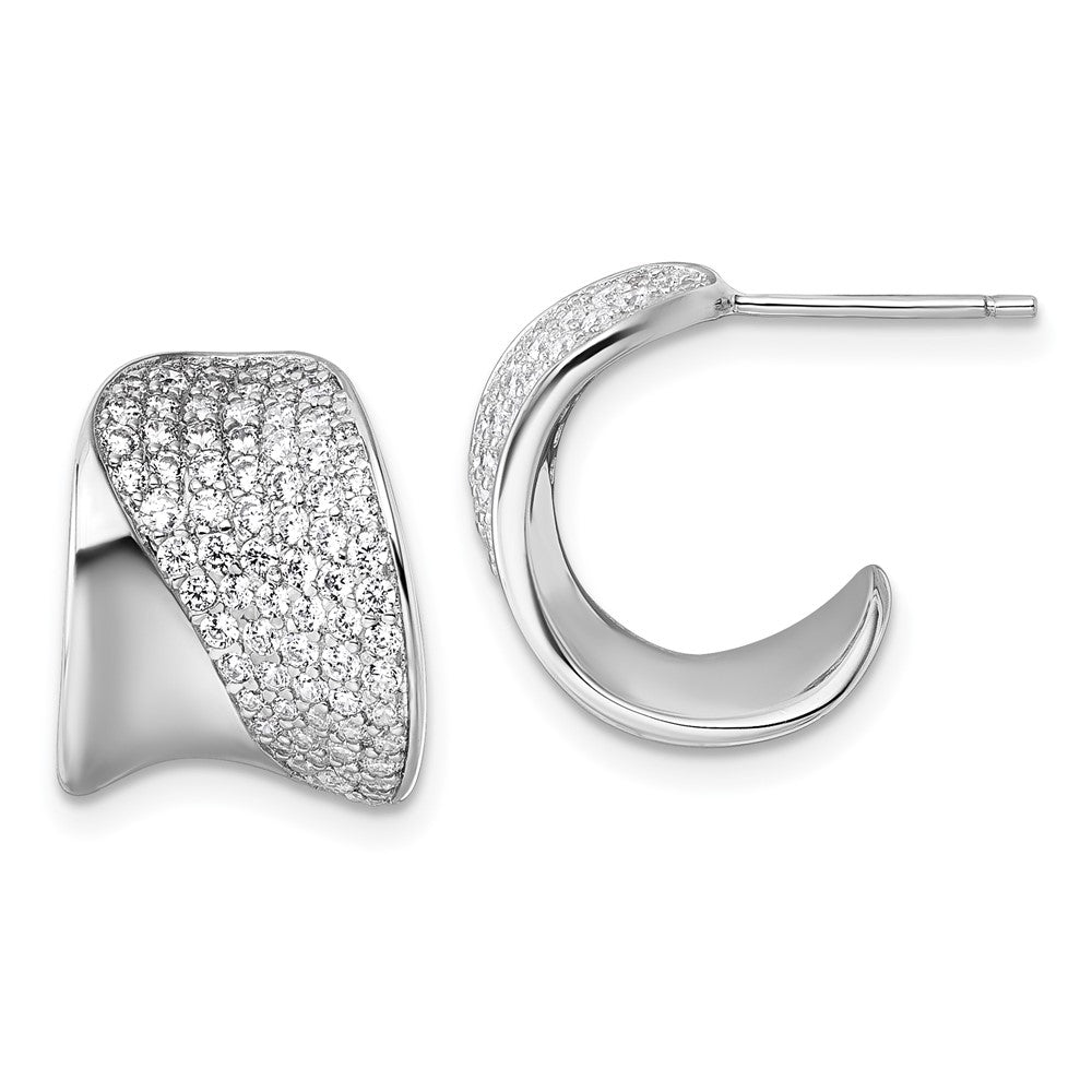 QE18099 Sterling Silver Rhodium-plated CZ Polished J-Hoop Post Earrings