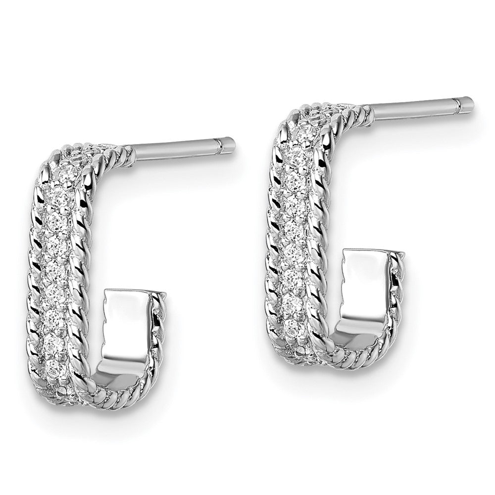 QE18100 Sterling Silver Rhodium-plated CZ Rope Edge Rectangle J-Hoop Post Earrings