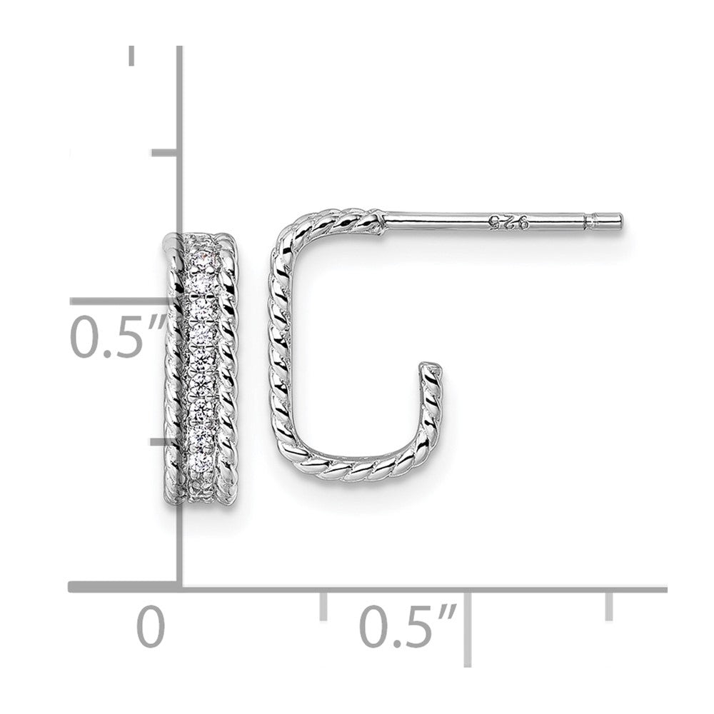 QE18100 Sterling Silver Rhodium-plated CZ Rope Edge Rectangle J-Hoop Post Earrings