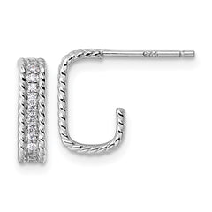 QE18100 Sterling Silver Rhodium-plated CZ Rope Edge Rectangle J-Hoop Post Earrings