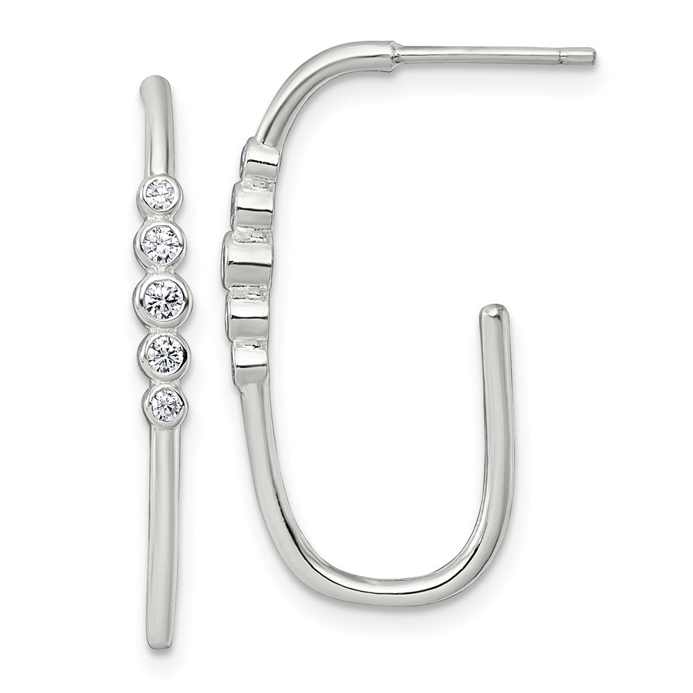 QE18102 Sterling Silver Polished Bezel Set CZ Post J-Hoop Earrings